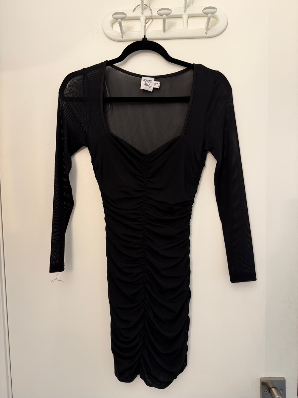 Princess Polly Black Ruched Mesh-Sleeve Mini Dress
